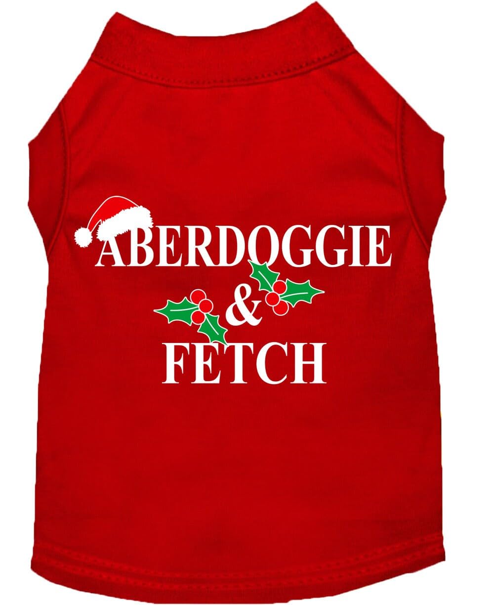 Christmas Screenprinted Dog Shirt, 'Aberdoggie & Fetch' Red Lg (10-14 Lbs.)