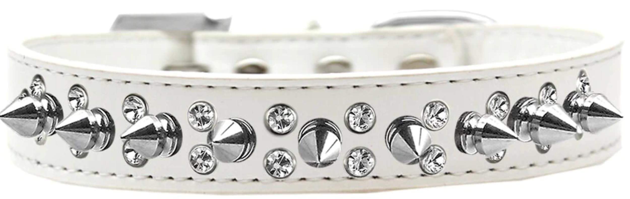 Pet and Dog Spike Collar, Double Crystal & Silver Spikes White 18