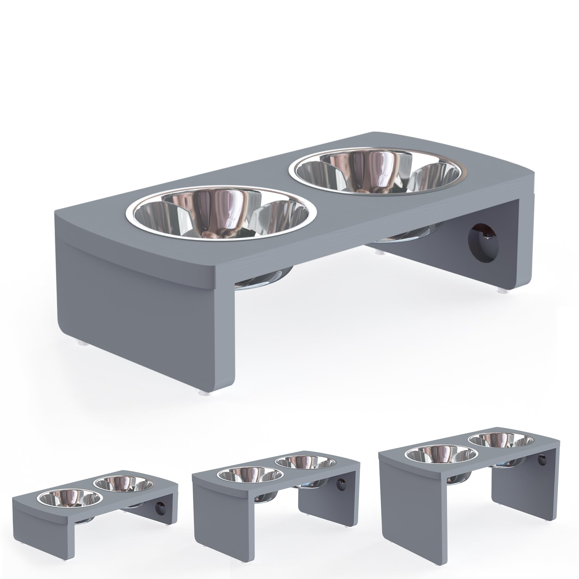 Elevated Dog Bowls, Bamboo Raised Dog Bowl for Small Dogs & Cats, with 2 Stainless Steel Bowls (4   Tall-20oz Bowl, Grey)