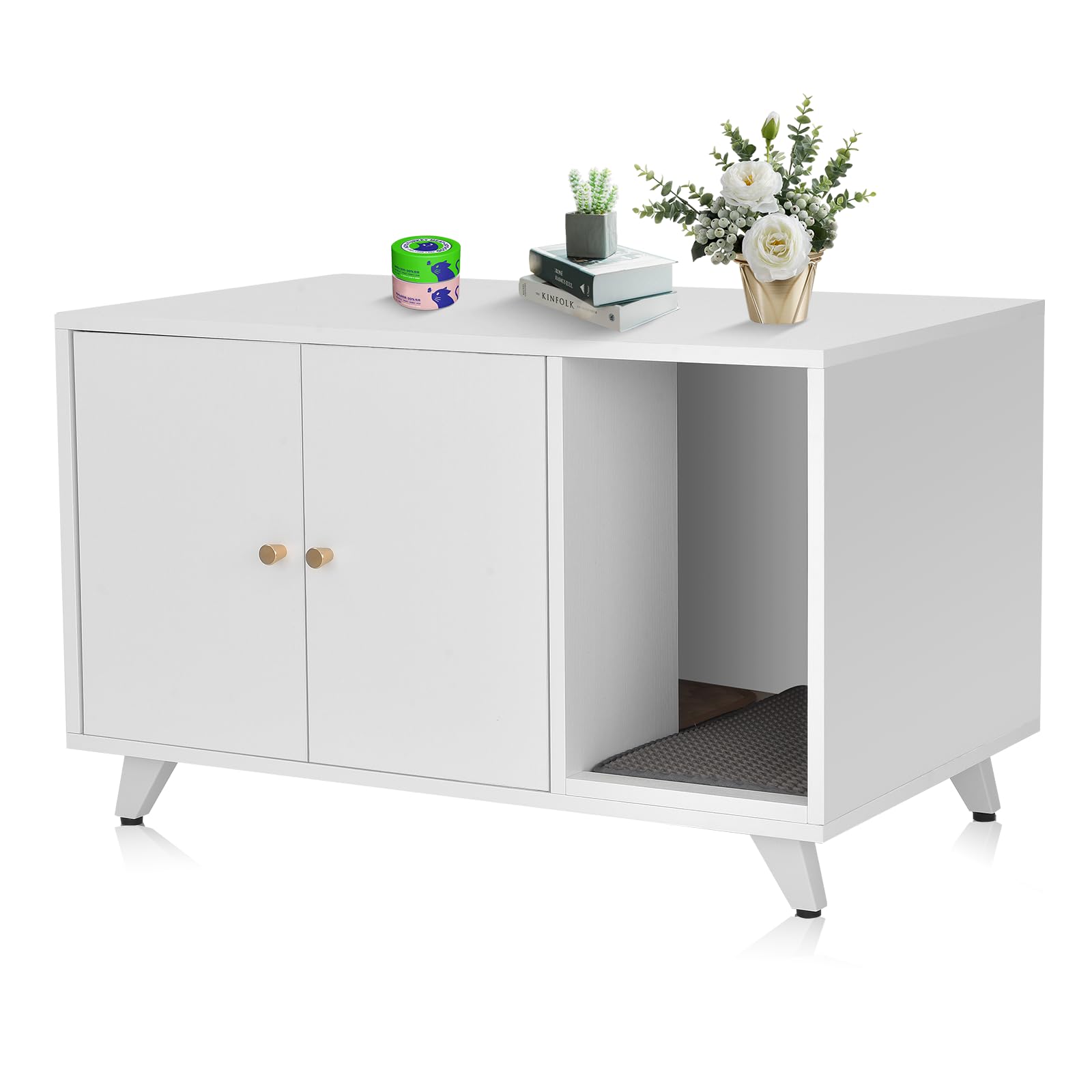 Quicmiou Cat Litter Box Enclosure, Hidden Litter Box Furniture Washroom Storage Cabinet, Modern Cat House With Scratche Pad (Whi