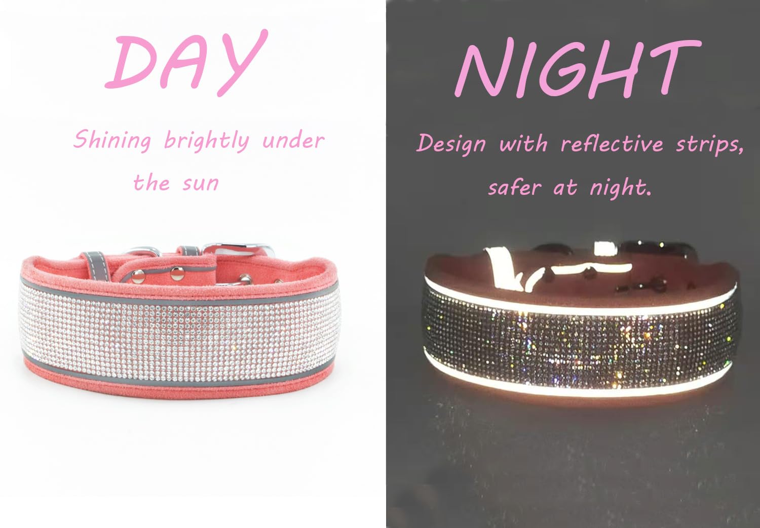 Bling Diamond Dog Collar For Females Girls,Soft Velvet Leather With Fancy Sparkly Crystal Rhinestones,Reflective Stripe,Suit Med
