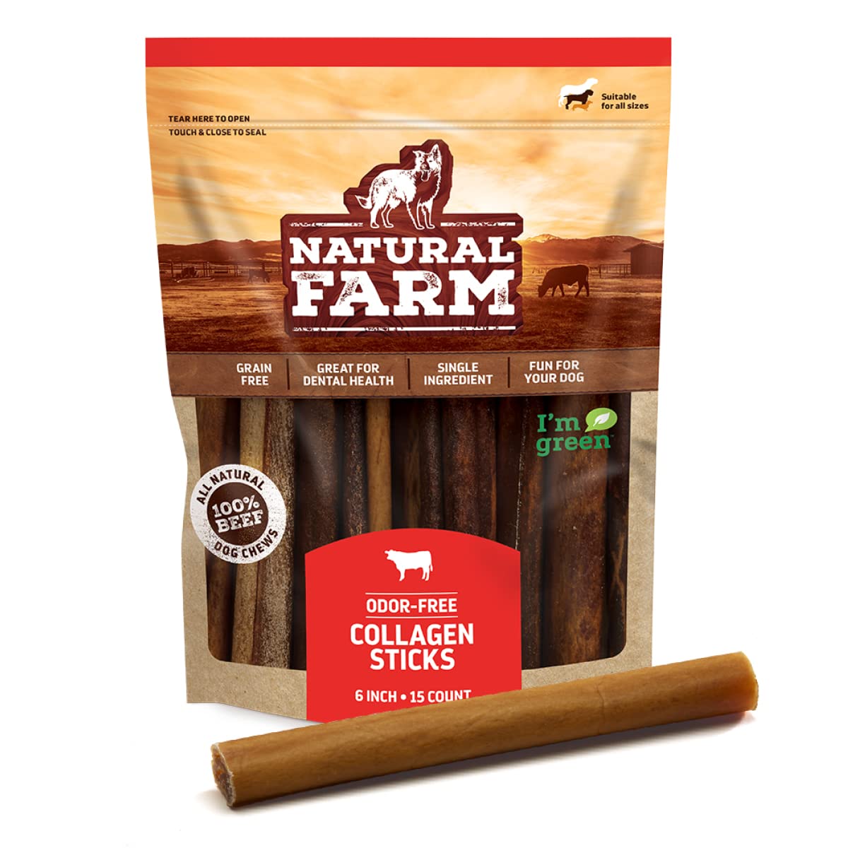 Natural Farm Collagen Dog Chews (6”, 15 Units), Odor-Free Long Lasting Bully Sticks & Rawhide Alternative Dog Treats, 95% Collagen Low Fat, High Protein Best Dental Dog Treats - Medium & Large Dogs