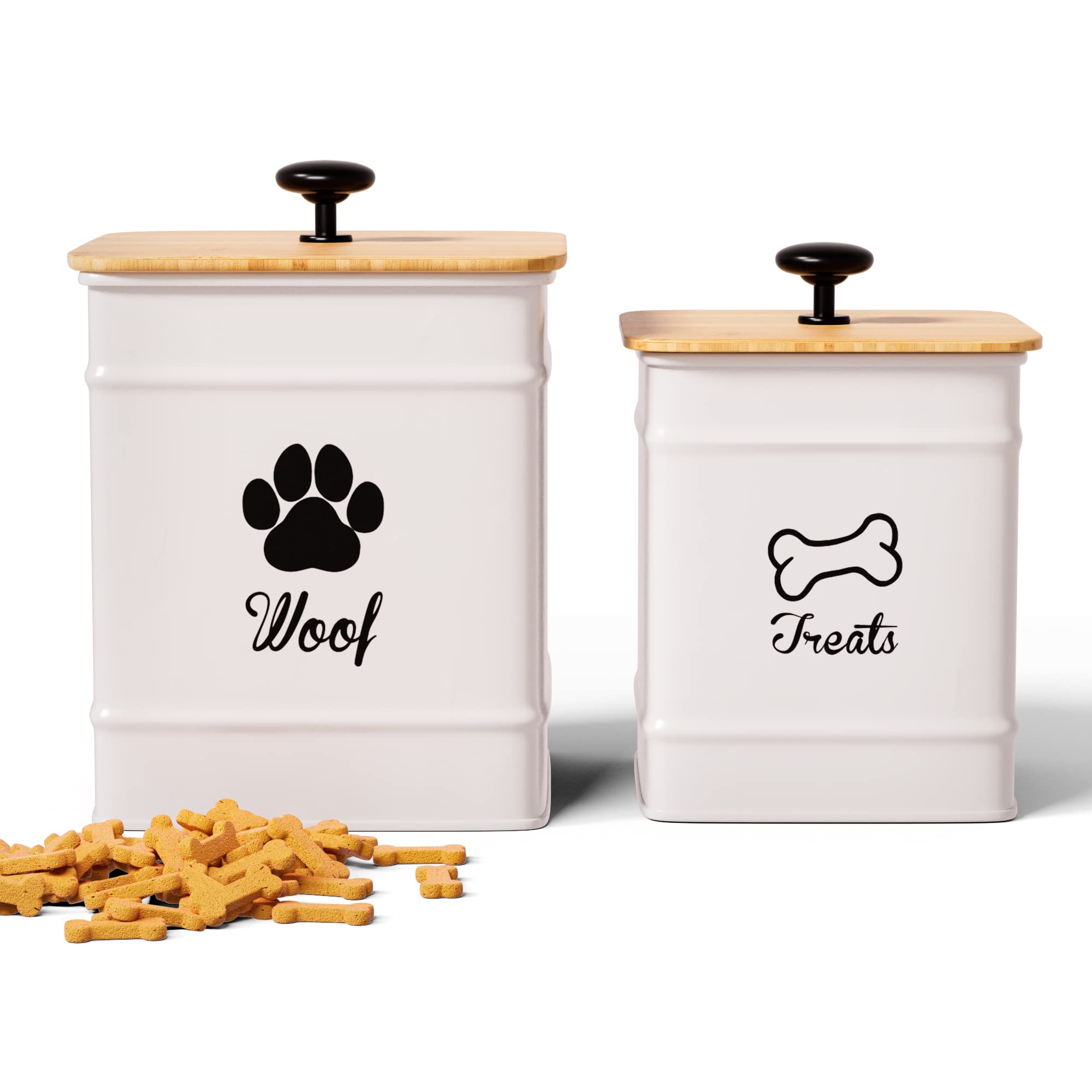 Dog Treat Container Airtight Set of 2 - 8x6 & 7x5 inch Iron Dog Treat Jars for Kitchen Counter with Airtight Bamboo Lids - 20 Cu