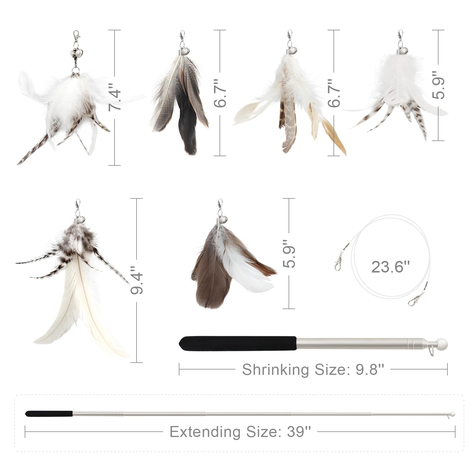 Songway Cat Feather Toys Wand - 7 Pcs Interactive Cat Toys For Indoor Cat Kitten, Retractable Cat Wand Toy With 6 Natural Feather Refills With Bell, Cat Fishing Pole Toy