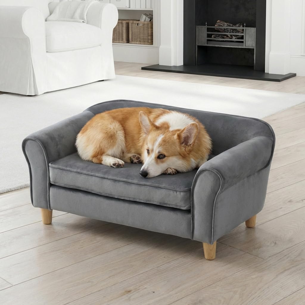 YOUNIKE Pet Sofa Bed for Small Dogs and Cats with Backrest and Armrest 28.7 Modern Velvet Pet Couch Comfort Elevated Dog Sofa wi