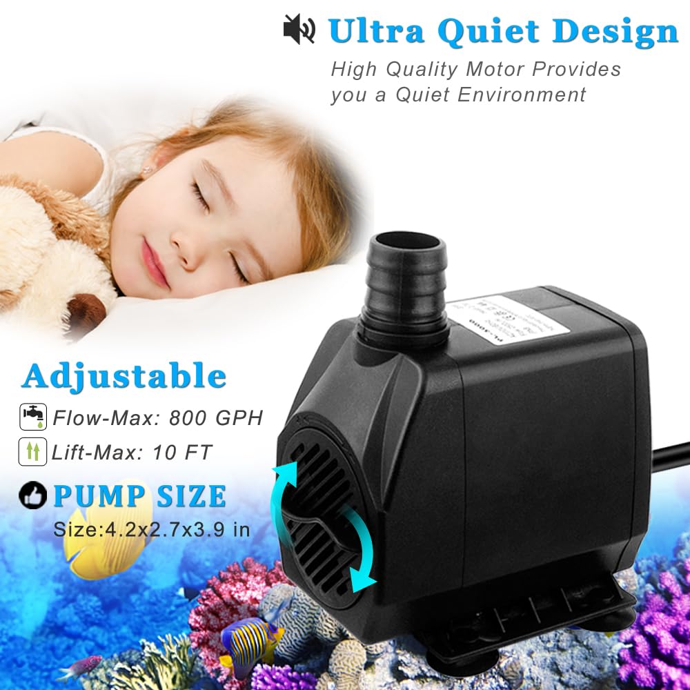 PULACO 800GPH Submersible Pump, 45W Durable Fountain Pump with 6.5 ft Tubing, 4 Nozzles for Fish Tank or Pond, Black, Model
