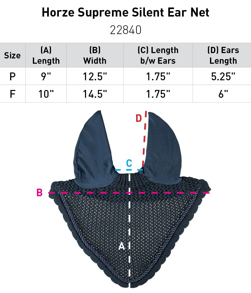 HORZE Supreme Silent Crochet Ear Bonnet - Sound Dampening Fly Protection for Sensitive Horses - Black - Horse