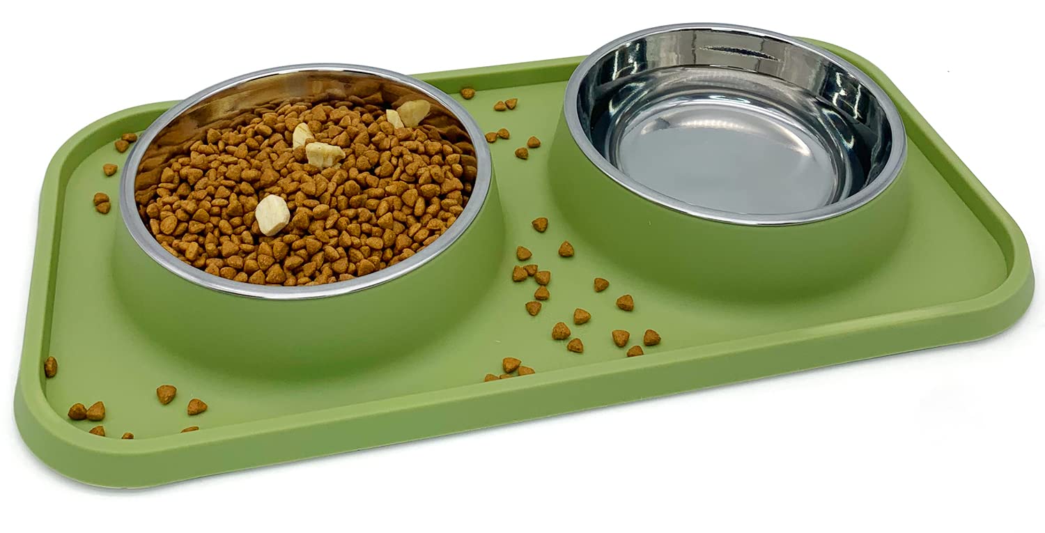 BNOSDM Double Dog Food Bowls Stainless Steel Dog Food and Water Bowls with Non-Spill Plastic Mat Pet Cat Feeder Bowl Set for Pup