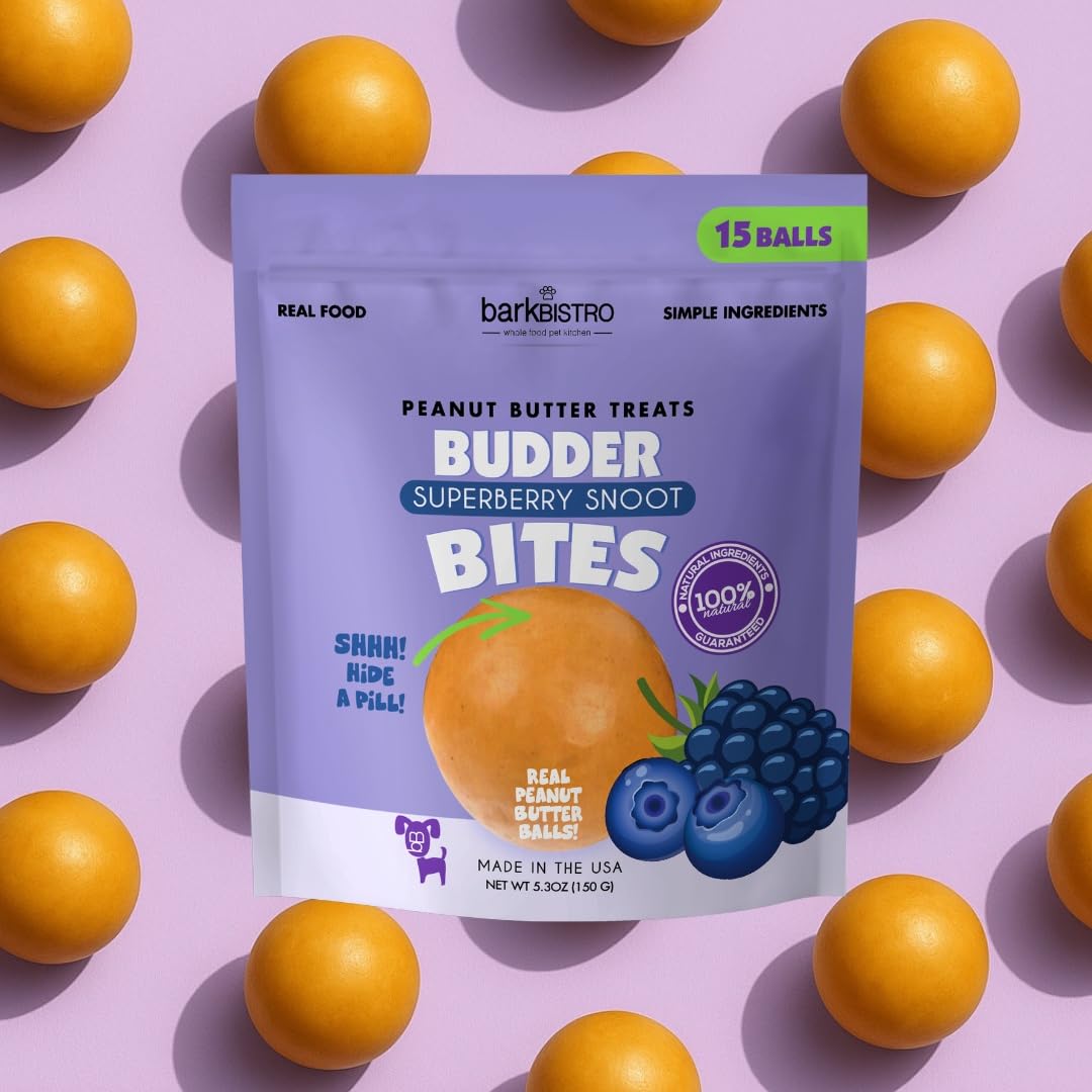 BUDDY BUDDER 3pk Bites, Natural Peanut Butter Dog Treats (Pumpkin, Bacon, & Berry Flavor), Soft Peanut Butter Ball Treat or Use