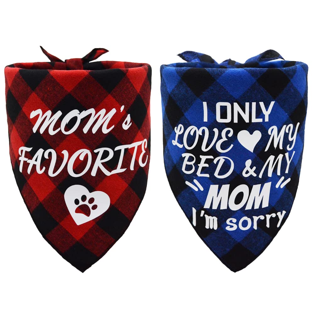 2 Pcs Mothers Day Dog Bandana Plaid Triangle Dog Scarf Moms Favorite And I Only Love My Bed And My Mom Im Sorry Pattern Red And 