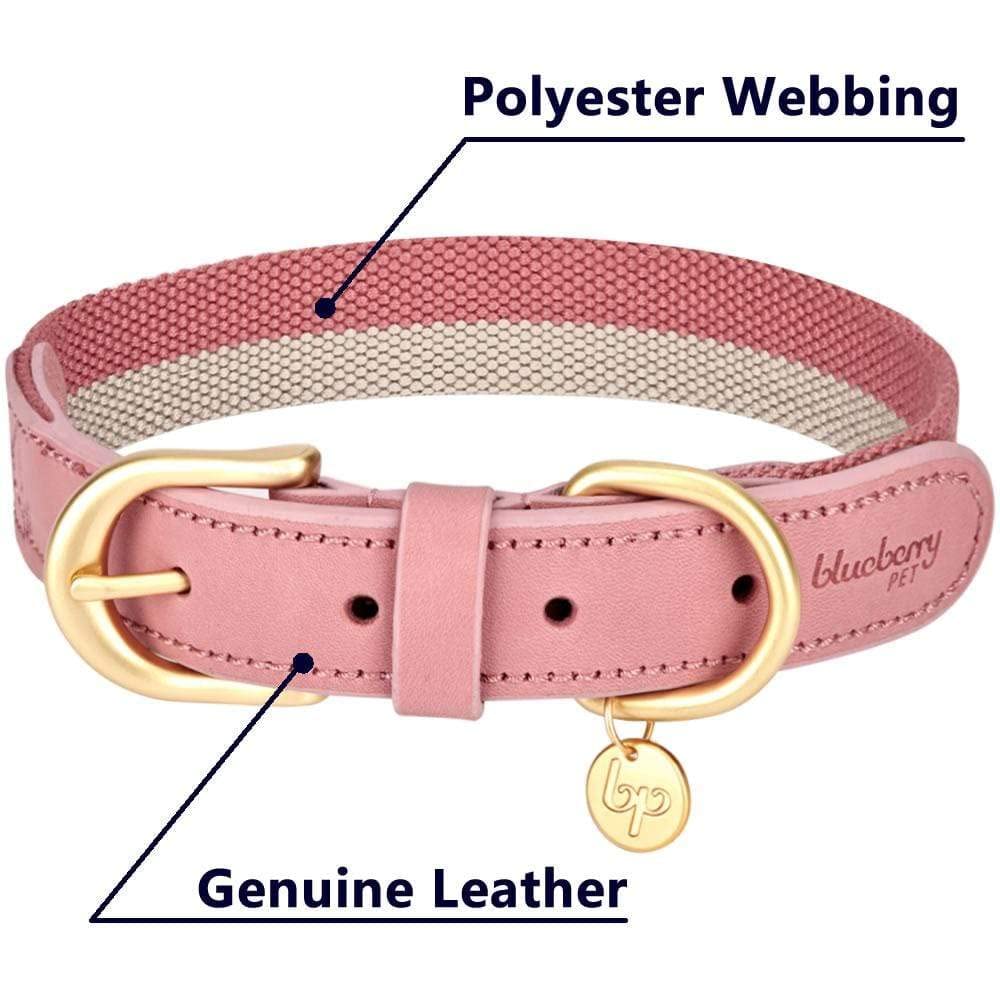 Blueberry Pet Soft & Comfy Genuine Full Grain Leather & Polyester Combo Adjustable Dog Collar - Classic Staple Striped In Pink A