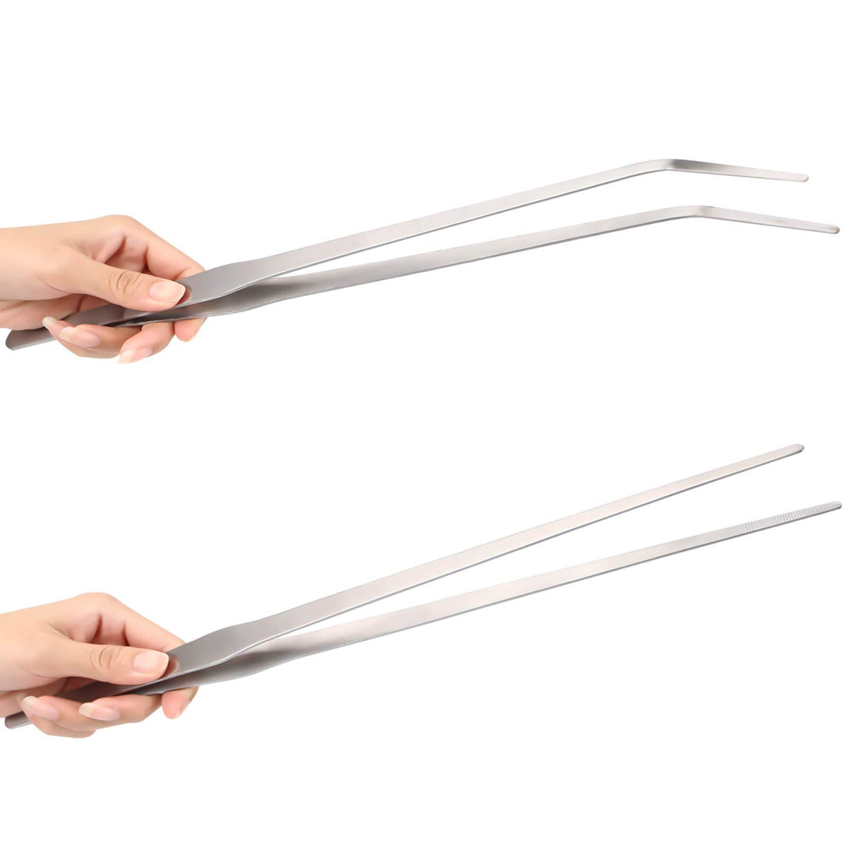 2-Pack 15 Inch Heavy Duty Stainless Steel Long Tweezers, Curved And Straight Design With Anti-Slip Grasp Tips Large Tongs For Reptiles Feeding, Aquascape Maintenance