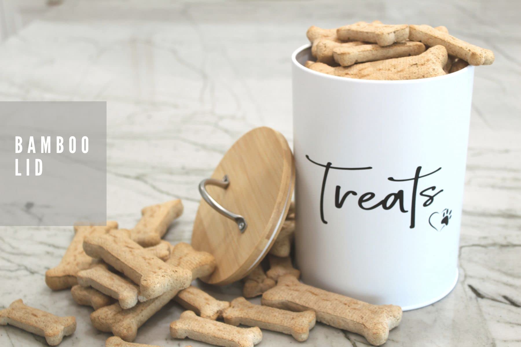 Simply Unleashed White Dog and Cat Treat Container with Easy to Open Bamboo Lid, 98 oz/12 cups