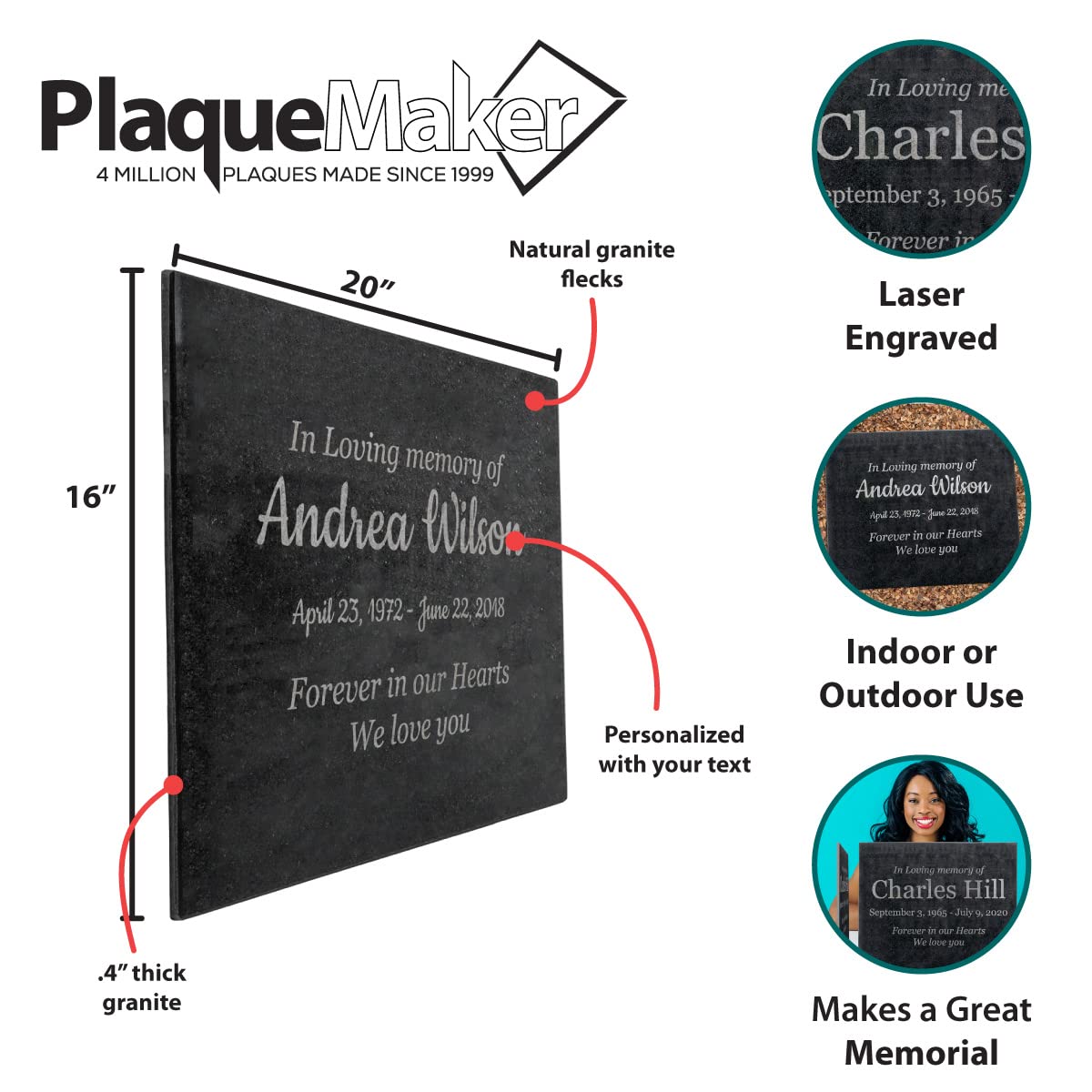 Easy Design - In Loving Memory - Black Granite Memorial or Sympathy Gift. Add your Personalized Text and Dates. Offered in a Var
