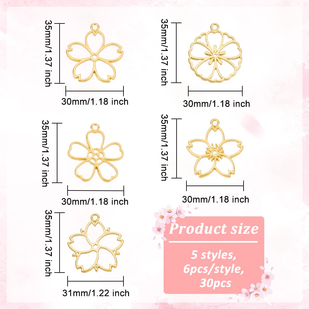 OLYCRAFT 30pcs Blossom Open Bezel Pendants Flower Charms 5-Shape Hollow Frame Dangle Charms Making Kits for DIY UV Resin or Pres