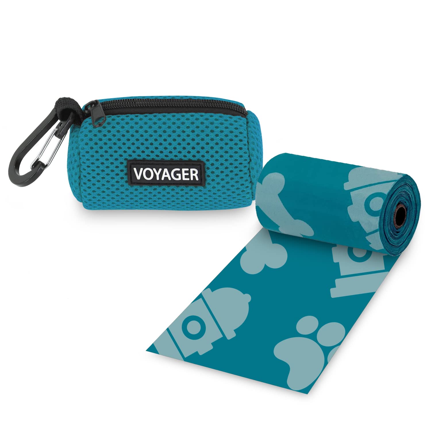 Best Pet Supplies Dog Poop Bag Holder Leash Attachment With 15 Bags, Turquoise, Reusable Mesh Dispenser Pouch For Travel, Walkin