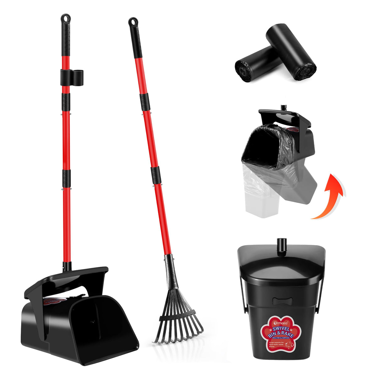 Ormalla Pooper Scooper Swivel Bin and Rake with 60 Waste Bags, Heavy Duty Dog Poop Scooper for Large Medium Small Dogs, Long Sta