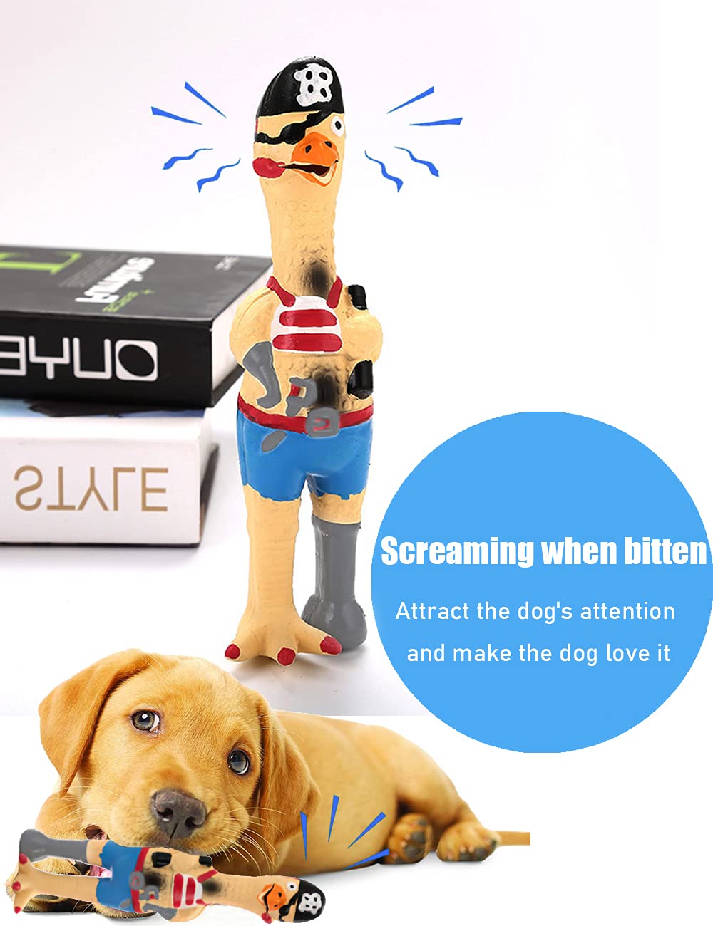 Jooee Screaming Rubber Chicken Dog Squeaky Toy, 8.5 Inch Tall, Latex Chew Molar Dog Toy (Pirate)