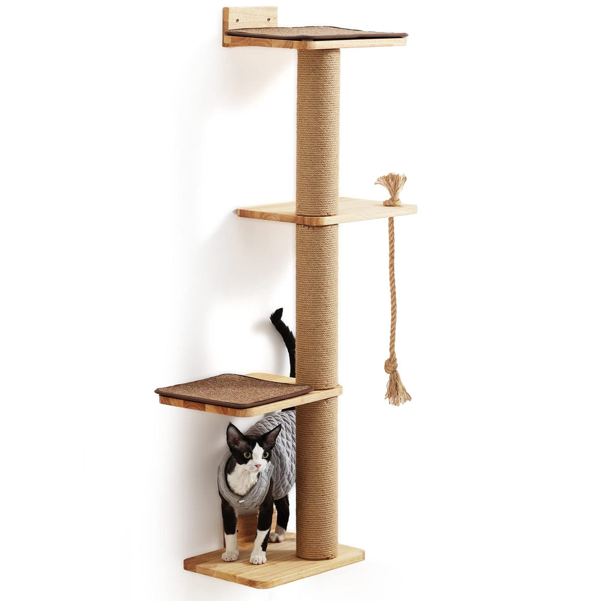 Fukumaru Cat Scratching Activity Tree Wall Mounted, 50 Inch Scratch Post For Large Cats, Kittens With Cat Bed, Rubber Wood, Large