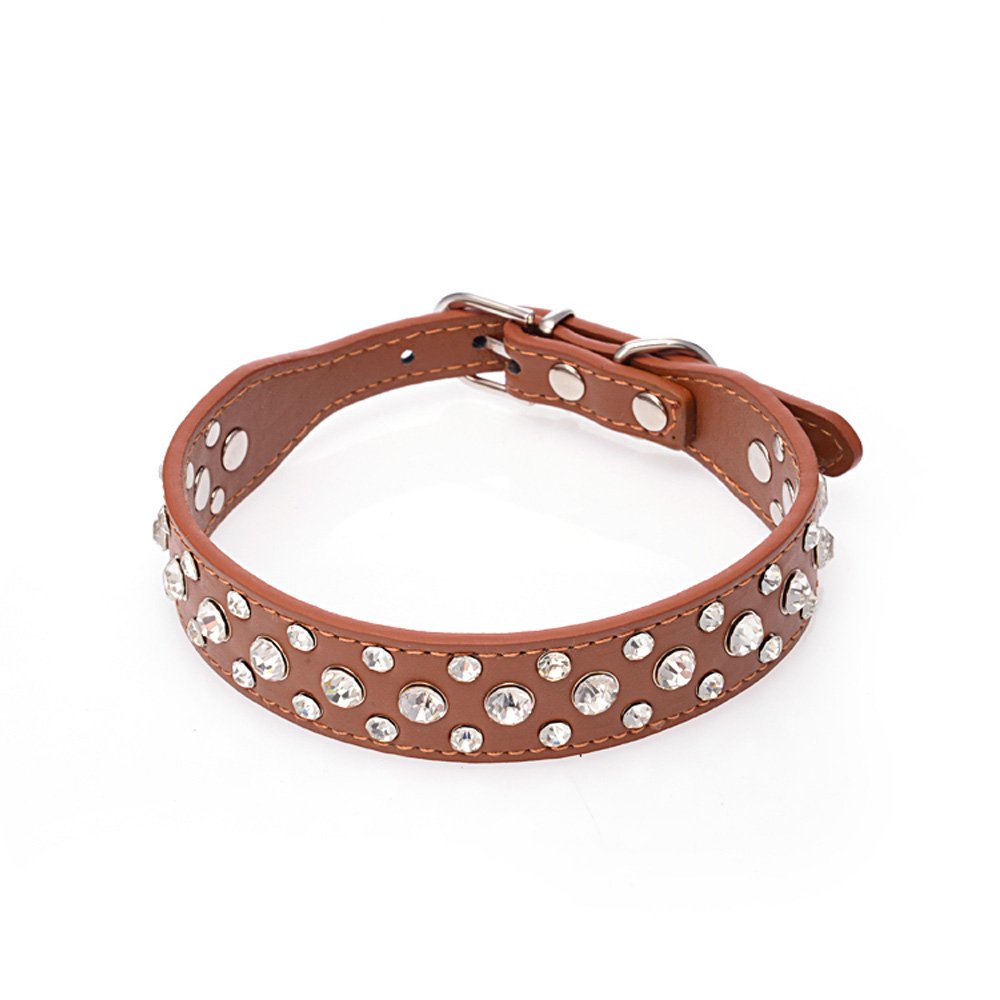 Dogs Kingdom 12-20 Length Personalized Rhinestone Leather Bling Crystal Pet Dog Cat Collars For Small Medium Breeds Brown S