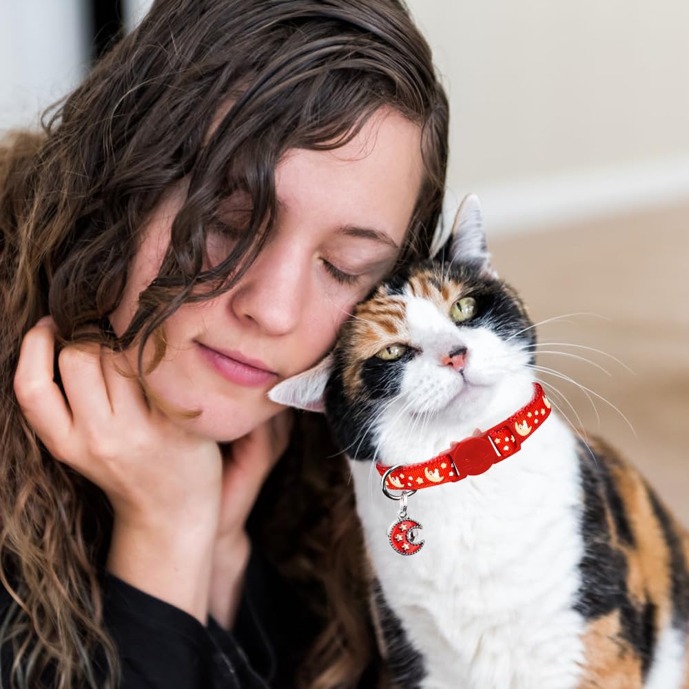 2Pcs Breakaway Cats Collars Cat Collars For Boy & Girl Cats Adjustable Kitten Collars With Bell,Purple+Scarlet,8''-13.1''