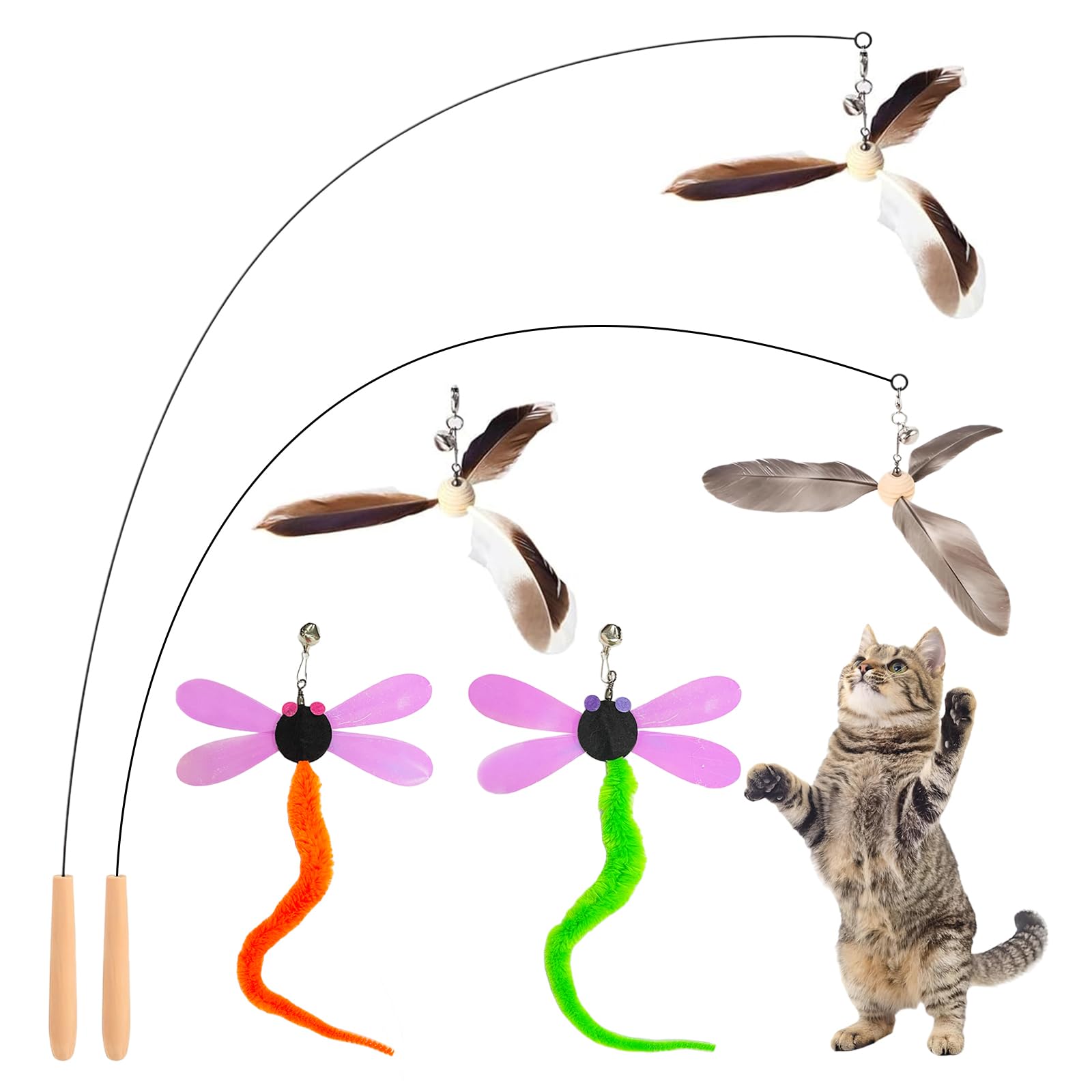Kingtree Cat Teaser Wand Toys, Interactive Feather Cat Wand Toy With 5 Bell Feather Refills & 2Pcs 35'' Flexible Steel Wire Wood