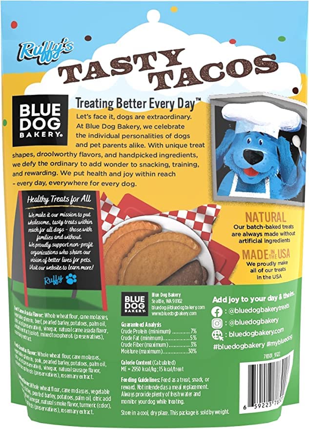 Blue Dog Bakery Tasty Tacos Snacks | Small, Soft Chicken, Beef, Pork Flavors | Natural Healthy Dog Treats | Ruffy s Food Trucks