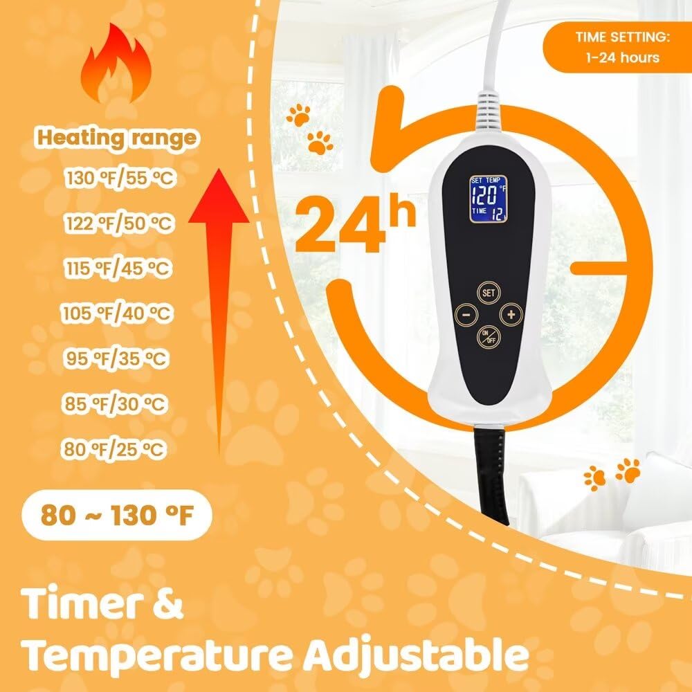 Pet Heating Pad For Cats Dogs With Timer Temperature Adjustable, Electric Heating Mat Indoor, Adjustable Warming Mat, Waterproof Heated Bed With Chew Resistant Steel Cord,Pet Heated Mat