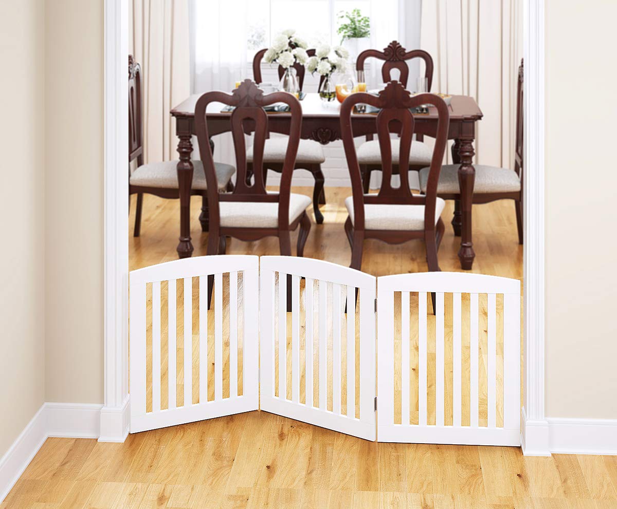 PAWLAND Wooden Foldable Pet Gate for Dogs - 24 Height, 3 Panels, Freestanding Step Over Fence, Extra Wide, White
