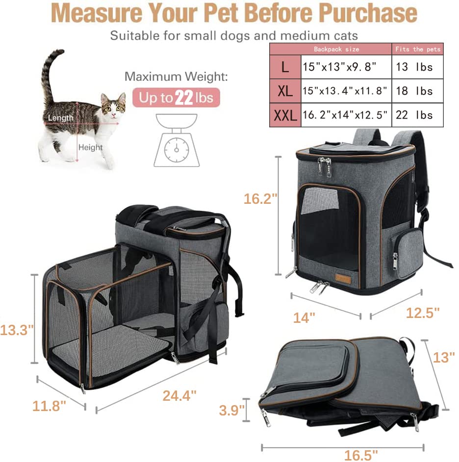 Lekereise Pet Carrier Backpack Expandable Cat Backpack For Medium Dogs And Large Cats 20-25 Lbs, Grey
