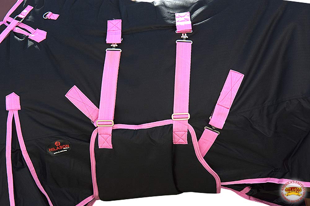 HILASON Black with Pink Trims 84 Inch 1200D Winter Waterproof Poly Horse Turnout Blanket Belly Wrap
