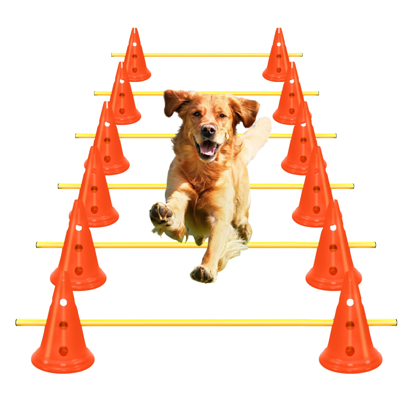 FOTN Dog Agility Hurdle Cone Set Dog Agility Course Backyard Set Include 12 Agility Cones 6 Agility Rods Dog Agility Training Eq