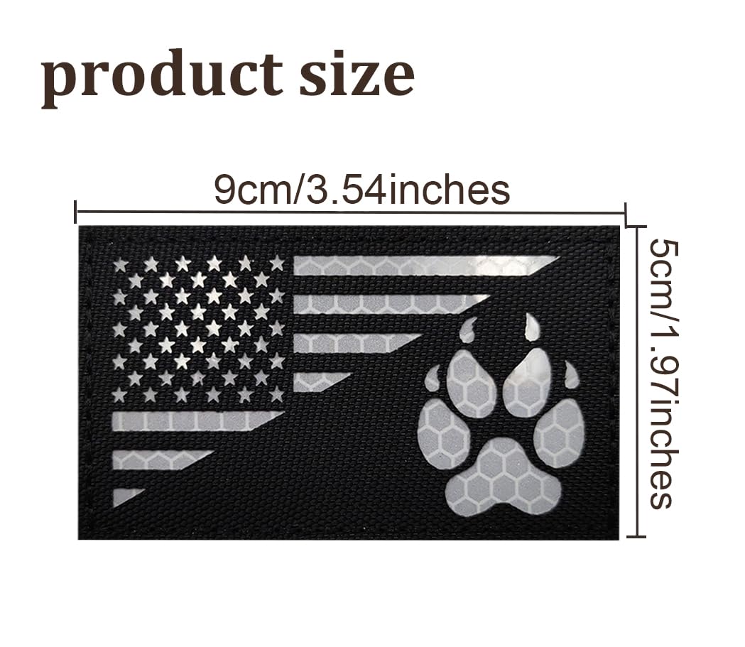 Ir Reflective Service Dog Patch Us Flag Tactical Dog Paw Patches Vests/Harnesses Fastener Hook & Loop Patch (3.54 * 1.97In- Dog Paw-Black+White)