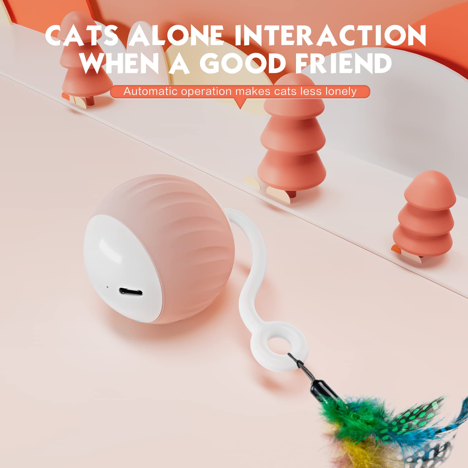 Aaa Amusang Interactive Cat Ball Toy And Feather Toys Refills For Indoor Cats, Automatic Cat Enrichment Toys - Pink