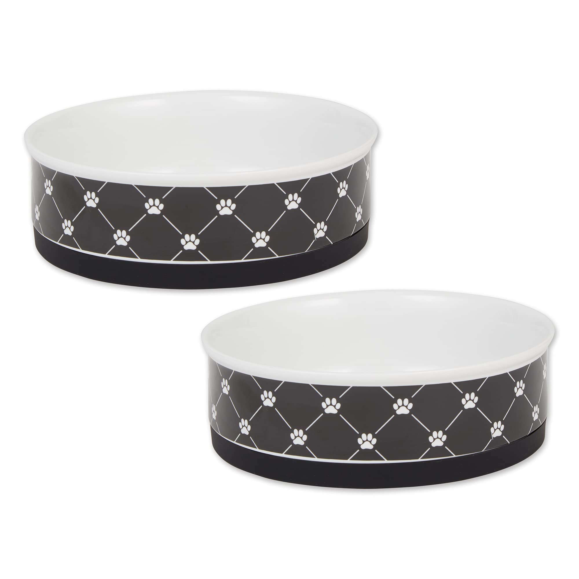 Bone Dry Trellis Paw Print Pet Bowl Set Microwave & Dishwasher Safe, Non-Slip Silicone Bottom for Less Mess, Large 7.5x2.4, Blac