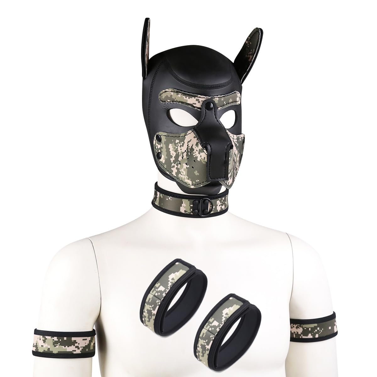 Quyuwowo Neoprene Dog Full Face Puppy Mask Removable Pup Hood Halloween Mask (Camo Green, Mask)