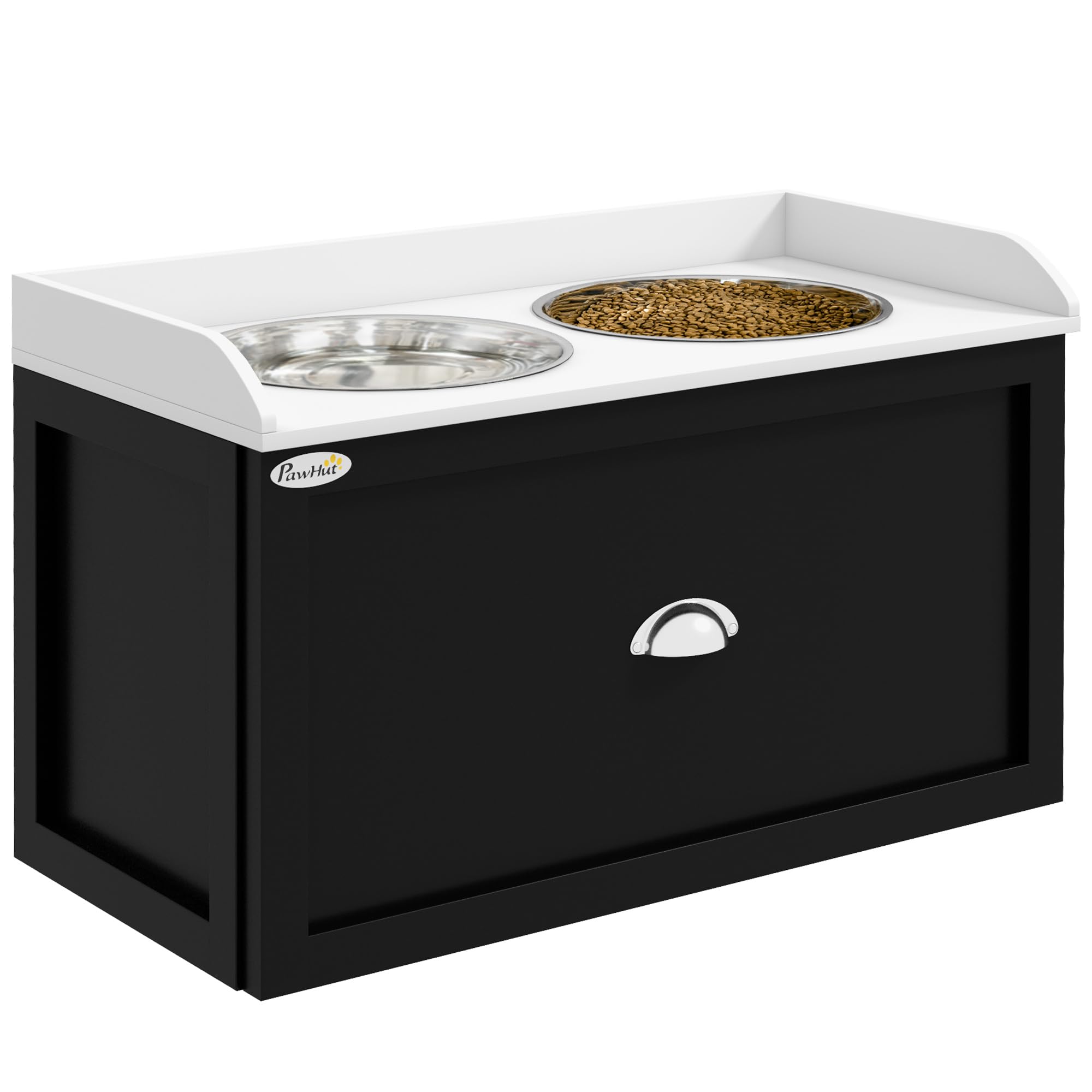 PawHut Dog Feeding Station with Storage Drawer, Elevated Dog Bowls for Large Dogs, White and Black