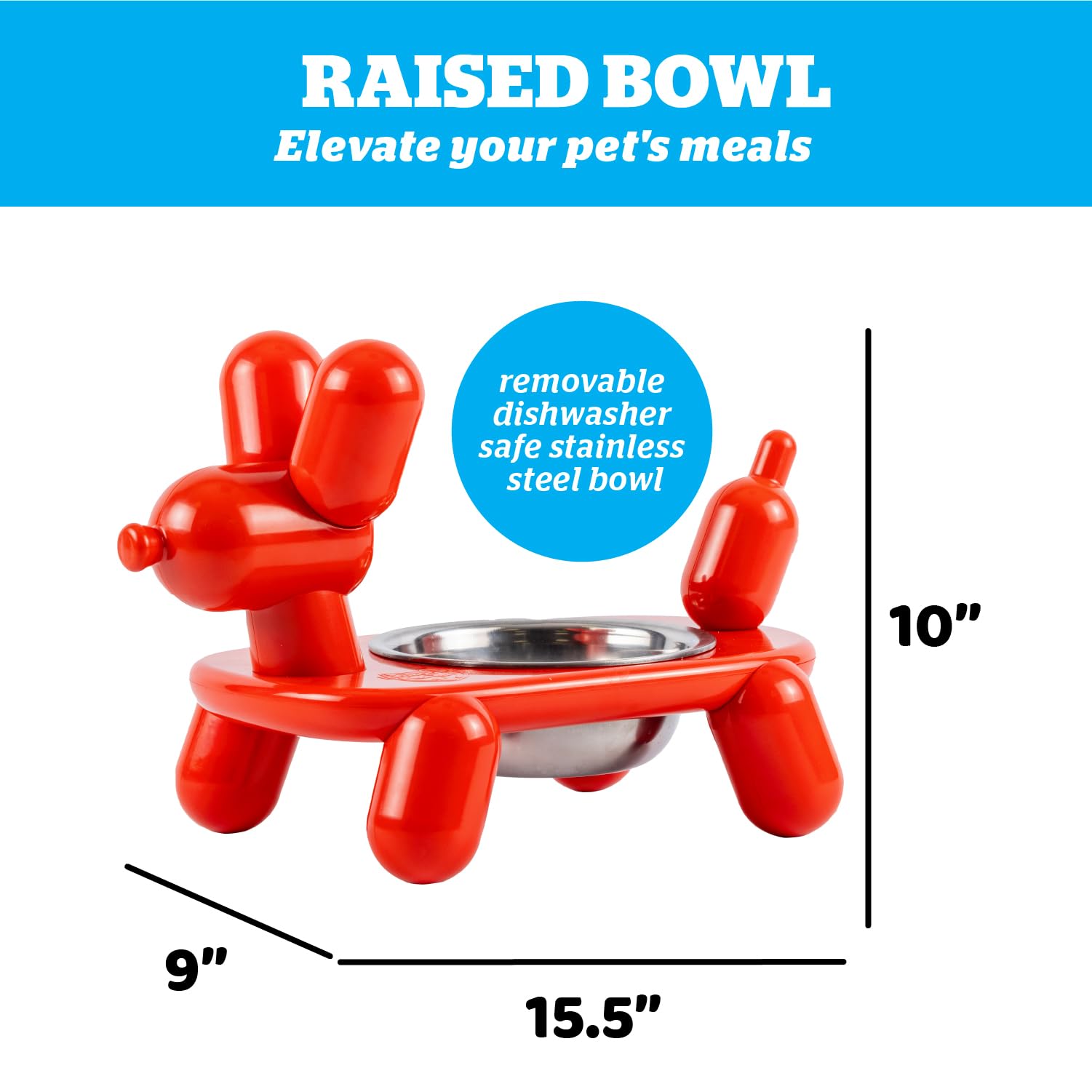 BigMouth Red Balloon Dog-Shaped Elevated Dog Bowl Stand with Stainless Steel Removable Bowl, Dishwashher Safe