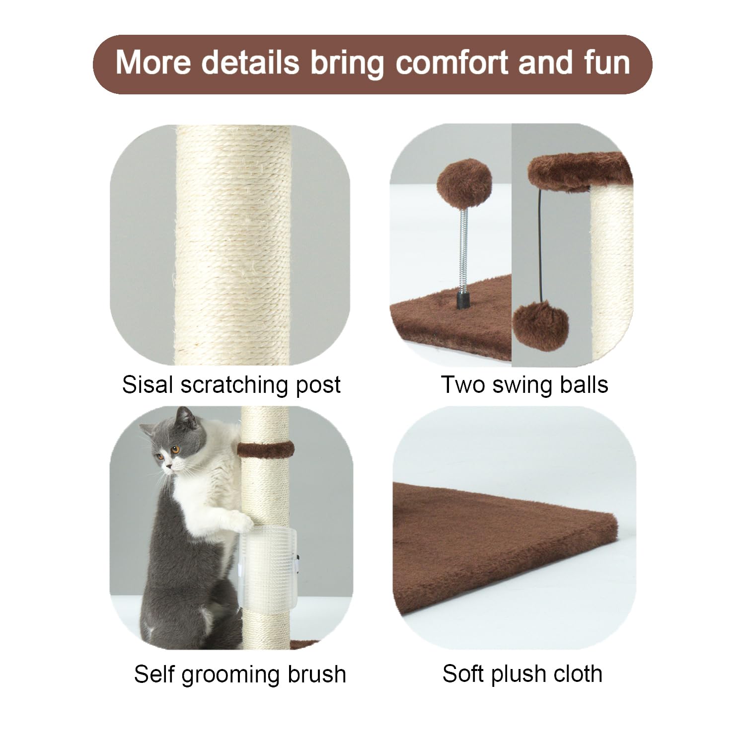 Peekab 32' Tall Cat Scratching Post Sisal Rope Scratch Posts With Hanging Ball And Self-Massage Brush Vertical Scratcher For Indoor Cats And Kittens(Brown 32Inches)