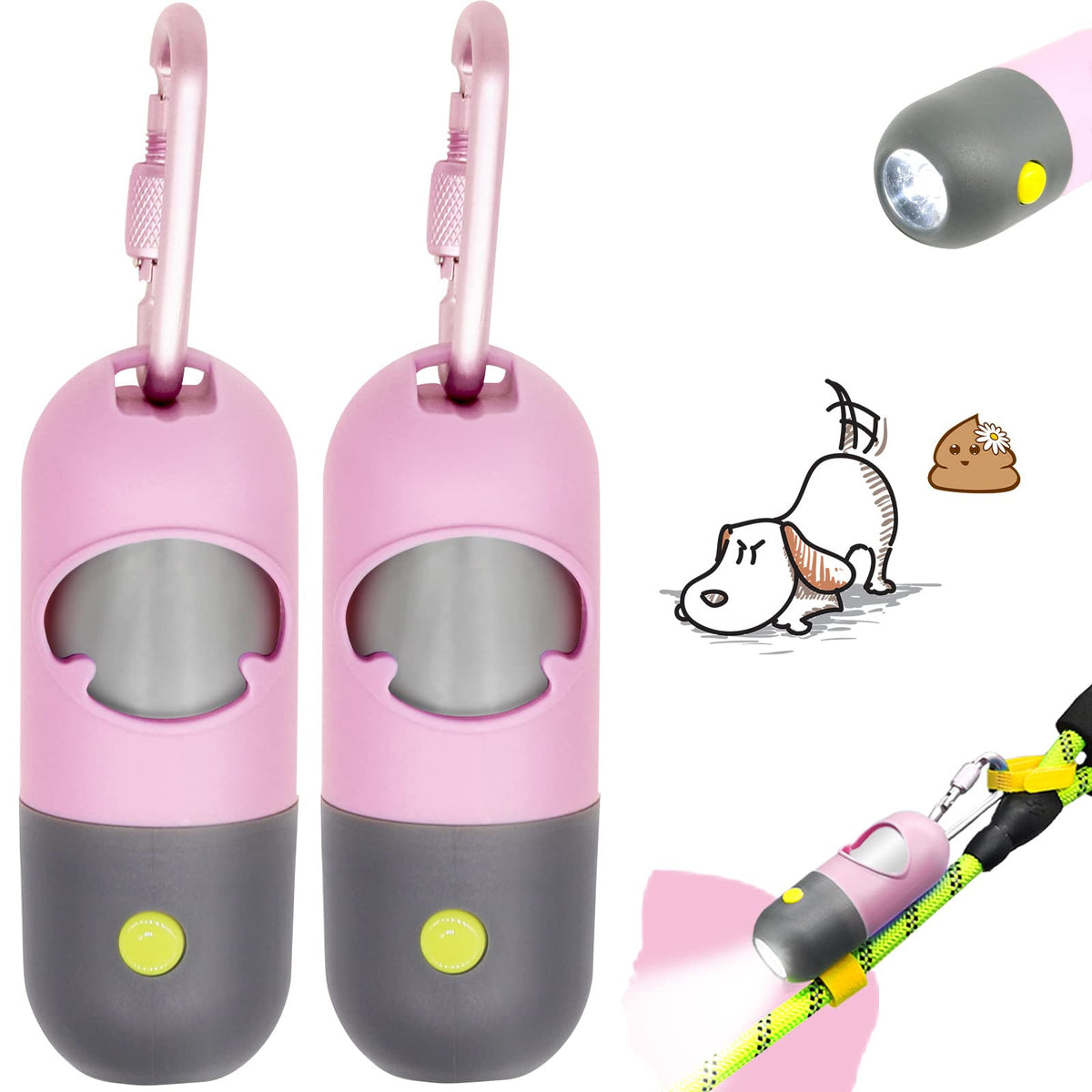 Dog Poop Waste Bags Holder With Led Flashlight|Cute Doggie Poo Bags Dispenser For Pet Leash|Trash Waste Bags Carrier With Potty 