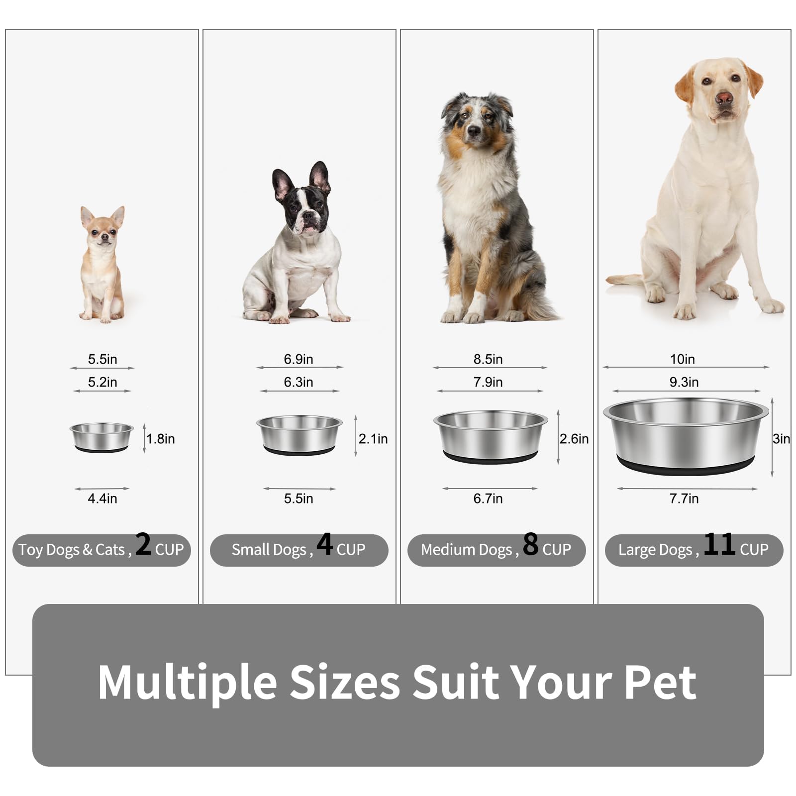 Taglory 4 Cup Stainless Steel Dog Bowls Set of 2 for Food and Water, Silicone Base Anti-Slip, Rust Resistant, Extra Thick Metal