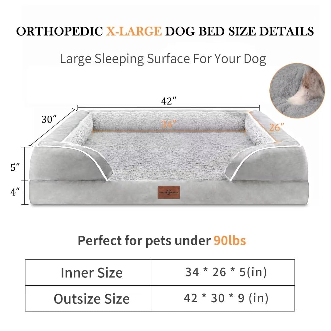 Comfort Expression Memory Foam Cooling Dog Bed, Orthopedic Dog Beds For Extra Large Dogs, Xl Dog Bed With Removable Cover, Waterproof Pet Bed Large With Bolster(X-Large,Light Grey)