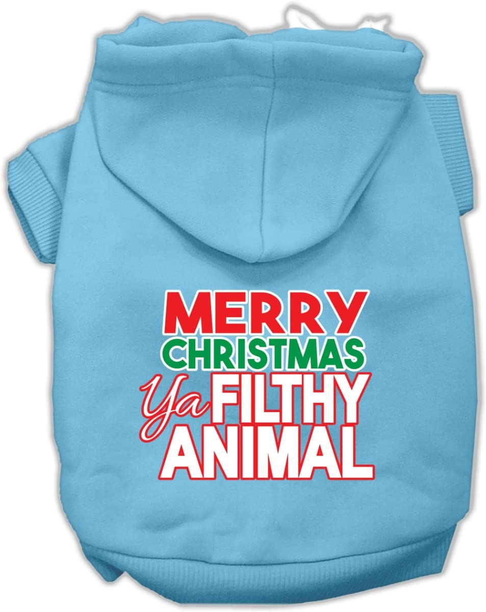 Christmas Pet Dog & Cat Hoodie Screen Printed, 'Merry Christmas Ya Filthy Animal' Baby Blue Lg (10-14 Lbs.)