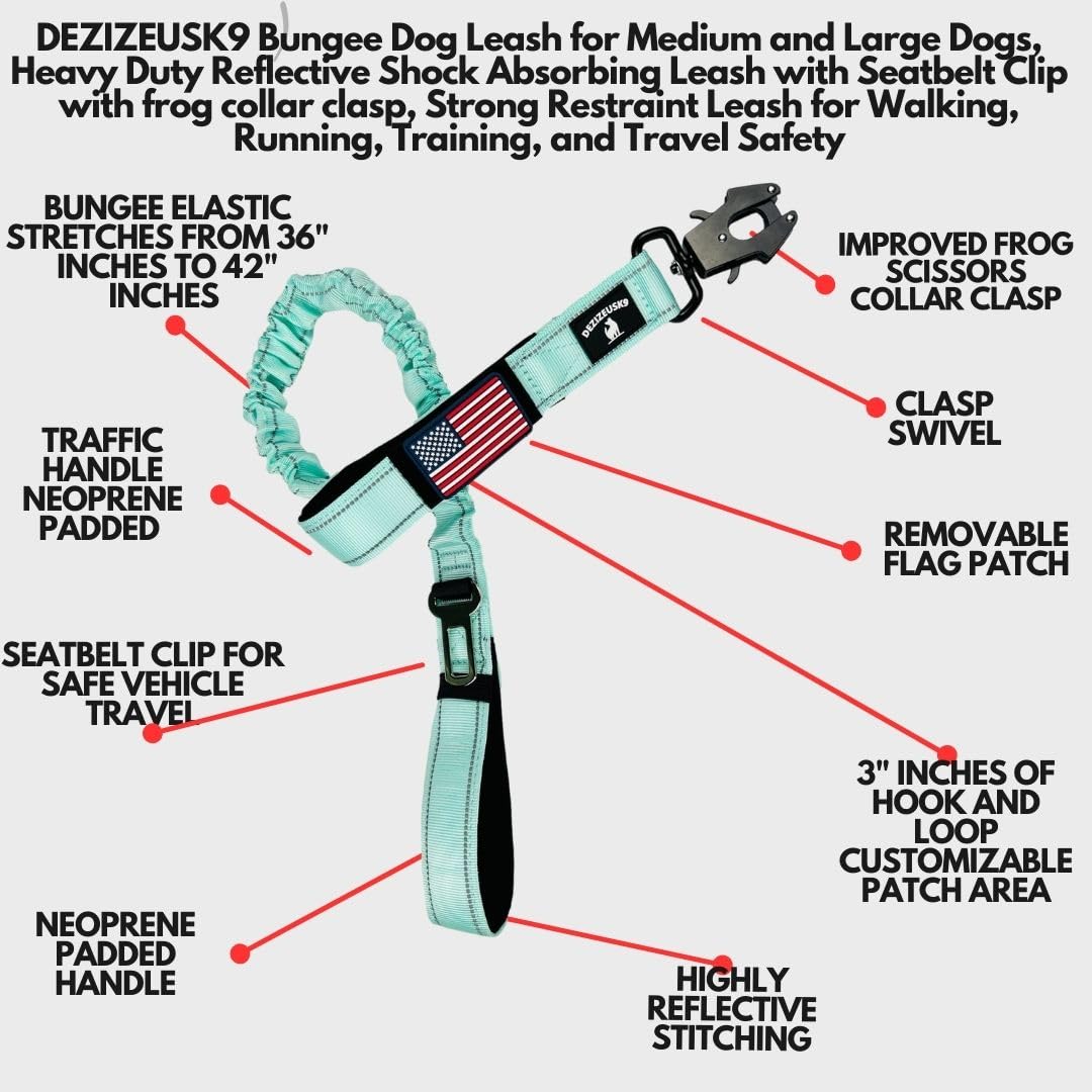 Heavy Duty Bungee Dog Leash - Shock Absorbing, Seat Belt Clip, Quick Release Frog Clasp, Double Padded Handles, for Large and Me