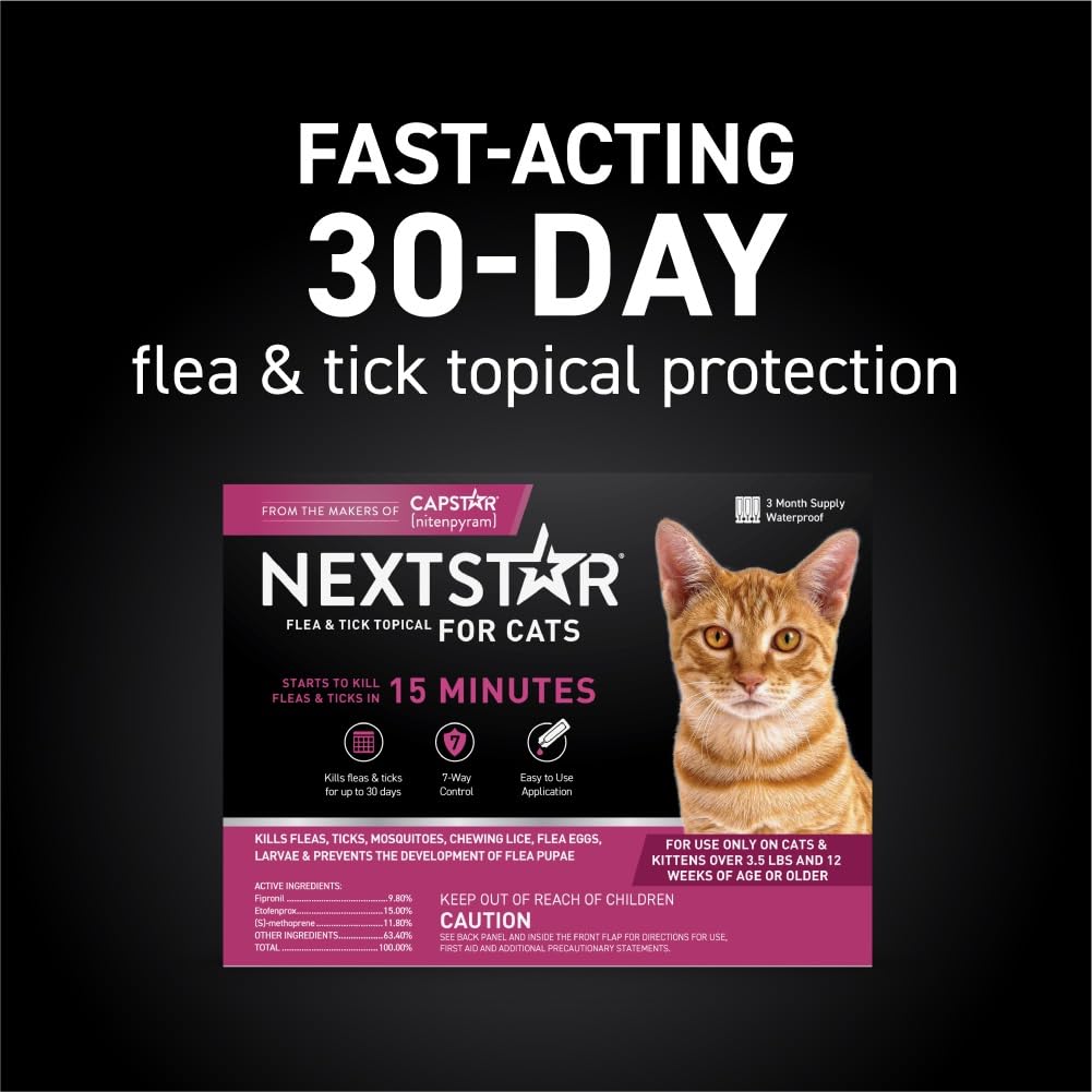 Nextstar Topical Flea & Tick Treatment & Prevention For Cats Over 3.5 Lbs, Fast Acting, 3-Month Supply