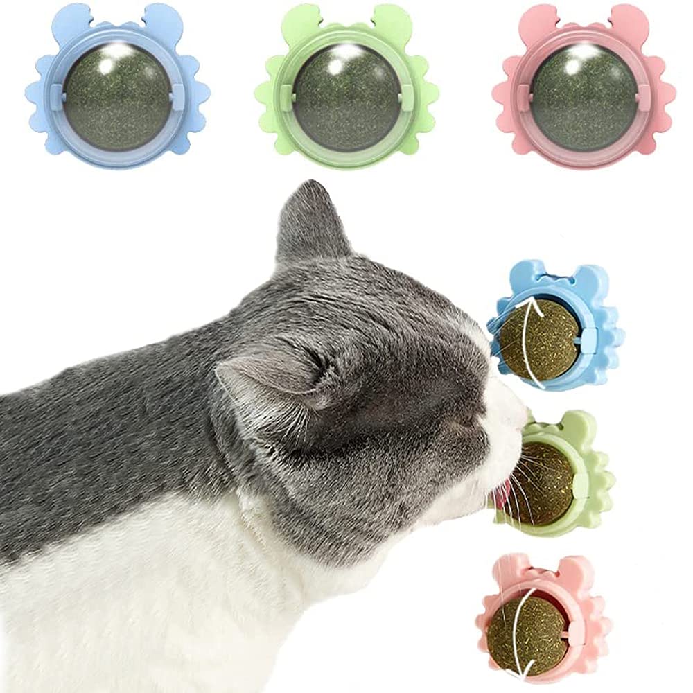 Kayina Catnip Wall Ball, 3-Piece Cat Toys, Edible Cat Licking Toy, Cat Chew Toy, Teeth Cleaning Cat Bite Toy, Rotatable Indoor C