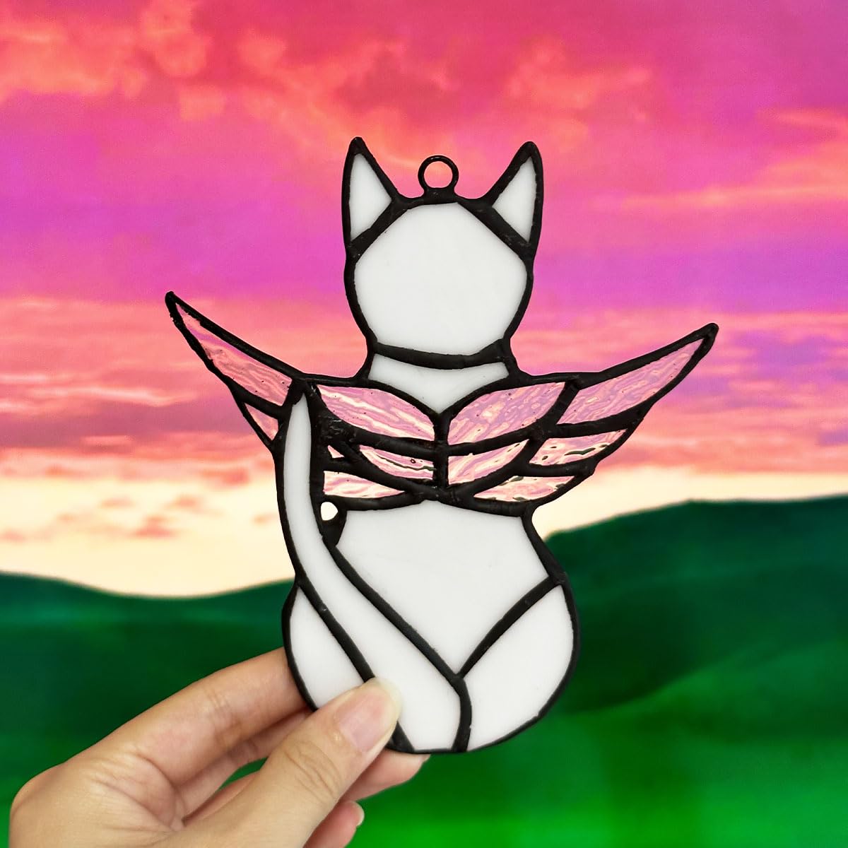 Fluffycaptain Handcrafted Stained Glass Cat Suncatcher -White Angel Cat With Colorful Wings, Memorial Gift For Pet Lovers, Home
