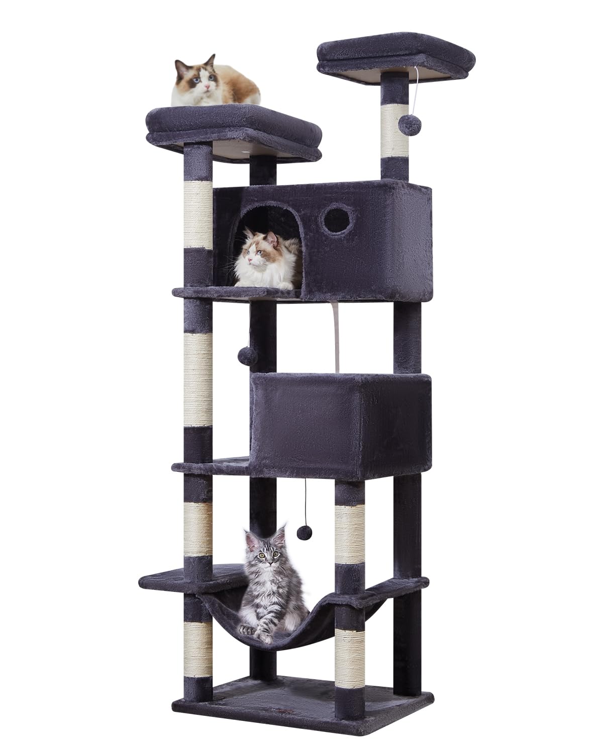 Taoqimiao 70.4-Inch Cat Tree For Large Cats, Plush Multi-Level Cat Condo With 7 Scratching Posts, 2 Luxury Perches, 2 Caves, Ham