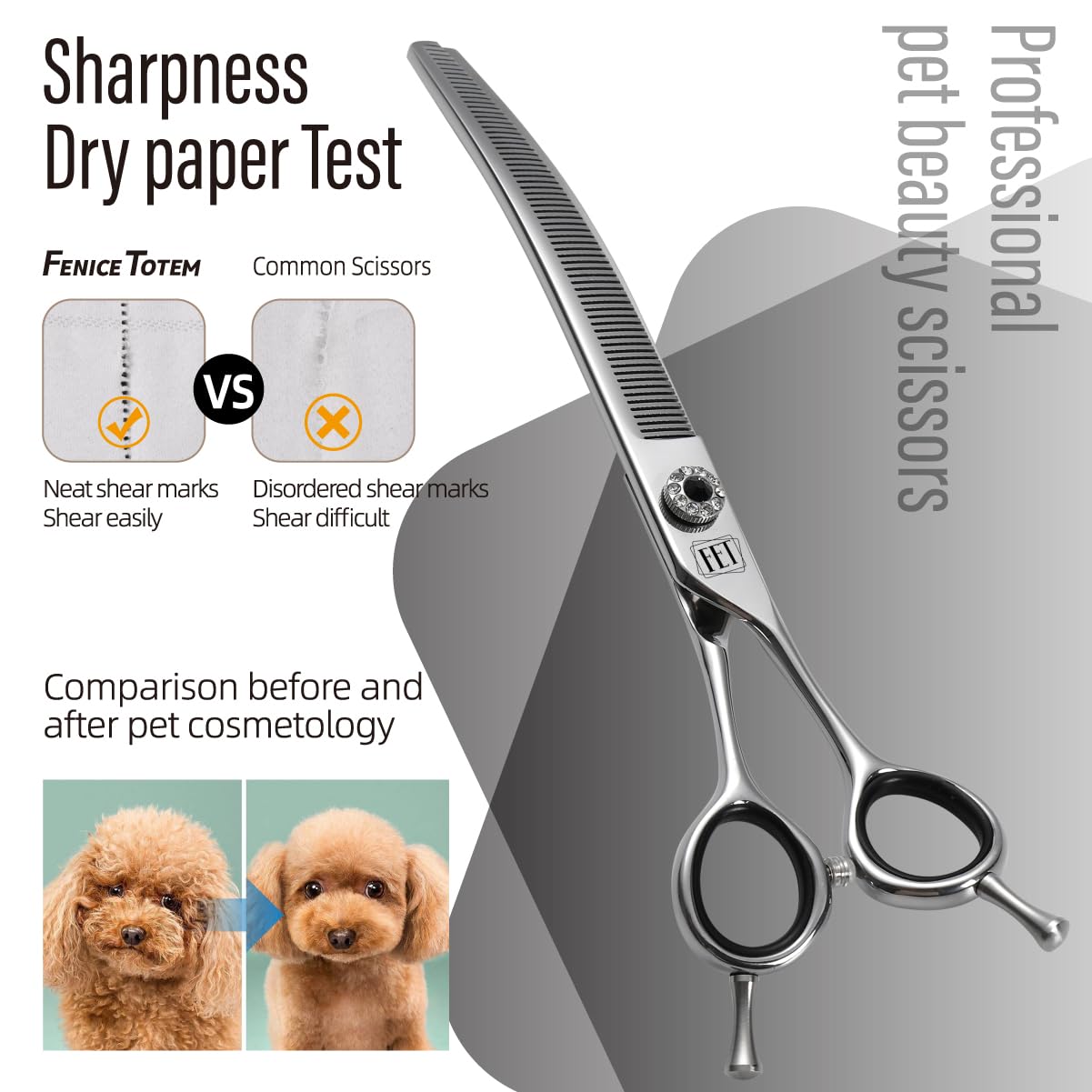 FENICE TOTEM 7.0" Curved Thinning Dog Grooming Scissors, Japanese 440C Stainless Steel for Pets, Model WY70