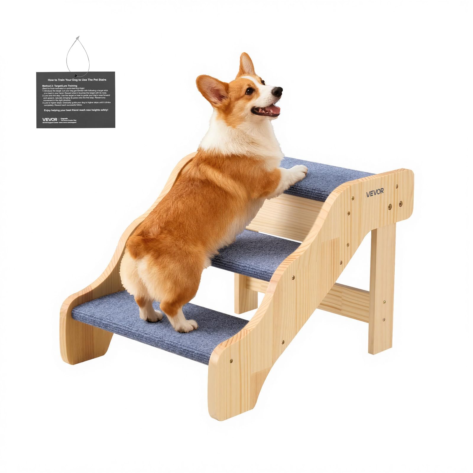 VEVOR Wood Pet Stairs, 3-Step Dog Stairs for High Beds, Sofa & Cars, 150lbs Load Capacity, Non-Slip Surface, Stable Cat & Dog St